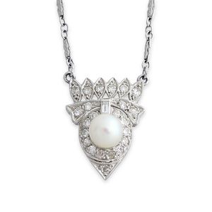 Vintage Natural Diamond & Genuine Pearl 14K White Gold Pendant Necklace Estate